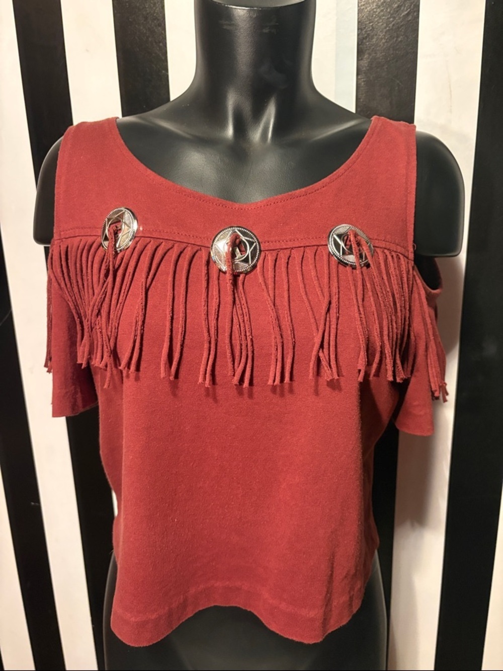 90s Vintage Western Cold-Shoulder Fringe Top Chestnut Brown Size Small/Medium/Lg